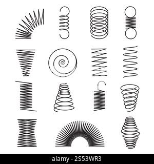 Ressorts métalliques. Lignes spirales, formes d'antenne symboles vectoriels isolés. Illustration de la conduite flexible en spirale et à ressort. Ressorts métalliques. Lignes spirales, bobine Banque D'Images