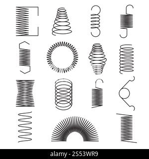 Icônes de ressort en métal. Lignes spirales flexibles, symboles vectoriels isolés de bobines de fil d'acier. Bobine flexible et ressort, spirale de l'illustration de la ligne de pièce. Banque D'Images