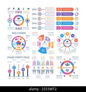 Infographie financière. Graphique à barres d'affaires et organigramme, diagrammes de cercle de diagramme économique avec des icônes. Infographies vectorielles de présentation. Schéma et Banque D'Images