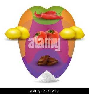 Carte de dégustation visuelle dans la bouche humaine avec de la nourriture. Mouht réaliste avec des citrons, des piments, du sel, des tomates. Goût de langue de sévérité, sens basique Banque D'Images