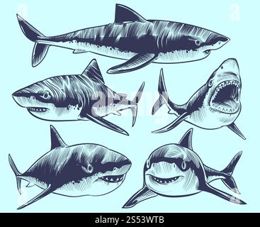 Requin d'esquisse. Requins nageurs à bouche ouverte. Collection de tatouage vectoriel animal sous-marin. Illustration de requin animal, dangereux prédateur marin. Banque D'Images