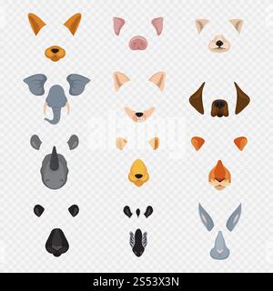 Visages d'animaux de chat mobile vidéo. Masques d'animaux de bande dessinée isolés sur fond transparent. Illustration de lapin de visage de vecteur et de zèbre, de lièvre et de tigre. Banque D'Images