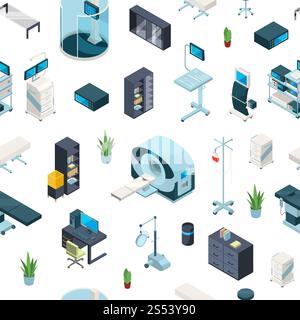 Motif d'icônes isométriques vectorielles de l'hôpital ou illustration d'arrière-plan. Illustration d'un appareil de radiographie et d'irm 3d. Motif d'icônes isométriques vectorielles de l'hôpital Banque D'Images