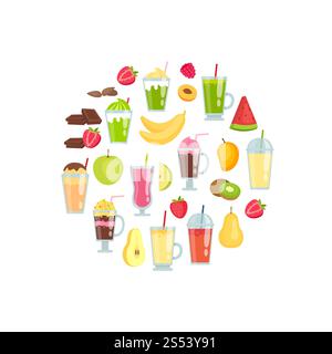 Vecteur éléments de smoothie plats en forme de cercle illustration isolé sur blanc. Eléments de smoothie plats vectoriels dans l'illustration en forme de cercle Banque D'Images