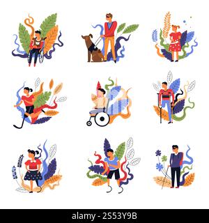 Personnes handicapées en fauteuil roulant aveugle homme marchant avec chien vecteur handicap mâle et femelle n'ayant pas de membres éléments floraux feuillages et frondage Banque D'Images