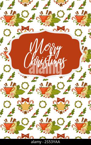 Joyeux Noël et joyeux modèle sans couture du nouvel an isolé sur le vecteur de fond blanc. Symboles de vacances d'hiver, tasse et boissons chaudes guimauve Banque D'Images