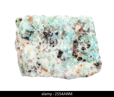 gros plan de l'échantillon de minéral naturel de la collection géologique - roche de granit amazonite vert non poli isolé sur fond blanc. non poli Banque D'Images