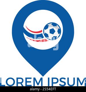 Design de logo de pointeur de football et de carte. Symbole ou icône de localisation de balle et gps. Modèle unique de conception de logo football et pin. Illustration de Vecteur