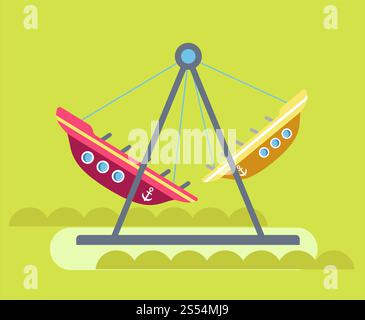 Parc d'attractions, attractions et carrousel de divertissement. Conception plate de vecteur de bateau de promenade de pendule dans le parc d'arbres verts. Attractions du parc d'attractions et manèges carrousels conception plate vectorielle Illustration de Vecteur