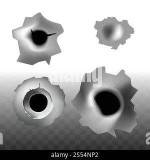 Trou de tir de balle avec des fissures sur le mur de verre ou de métal et fond transparent. Ensemble de trous de balle de canon réalistes isolés par vecteur de marque de piste de fusil de chasse. Trous de tir de balle sur fond transparent vecteur icônes de fissure Illustration de Vecteur