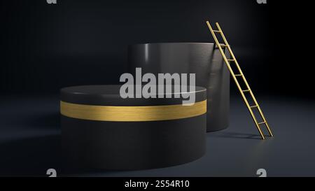 rendu 3d de figures géométriques noires et dorées et escabeau doré dans un intérieur sombre. Illustration minimaliste abstraite. Podium, scène ou Banque D'Images
