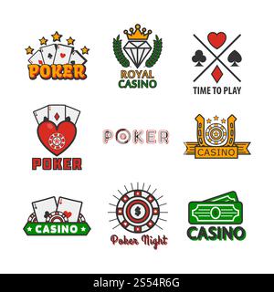 Modèles de logo de jeu de poker de casino pour la conception de Paris de jeu en ligne sur Internet. Les icônes vectorielles définissent les dés de jeu, les jetons et les cartes à jouer, la couronne royale, la roulette et le jackpot numéros chanceux ou fer à cheval. Icônes vectorielles de poker Casino modèles de jetons et de cartes de jeu pour le jeu en ligne sur Internet Illustration de Vecteur
