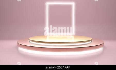 Scène abstraite avec portail lumineux et scène dorée, podium ou piédestal en studio rose. Rendu 3D. Image parfaite pour placer votre texte ou produit dessus Banque D'Images