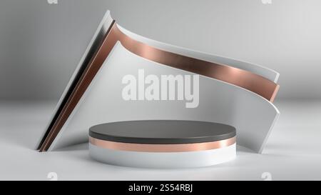 Scène minimaliste abstraite avec podium noir, blanc et doré, scène ou piédestal dans un studio blanc. Image parfaite pour la mode, les vêtements ou les cosmétiques. Banque D'Images