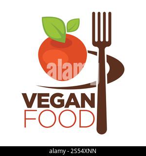 Logo végétalien de nourriture pour café végétarien ou modèle de conception de menu. Icône plate vectorielle de fruit de pomme ou de légume de tomate et fourchette pour restaurant végétalien ou signe de cuisine alimentaire végétarienne. Icône de nourriture végétalienne pour le menu de café végétarien de modèles plats vectoriels de pomme et de fourchette Illustration de Vecteur