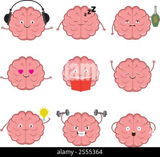 Drôle cerveau fort, sain et intelligent. Jeu de personnages de dessin animé de vecteur d'émotions de cerveau. Illustration de cerveau drôle, intelligent et ivre intellect. Drôle cerveau fort, sain et intelligent. Jeu de personnages de dessin animé de vecteur d'émotions de cerveau Illustration de Vecteur
