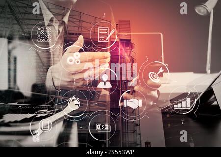 Gestion des processus d'affaires avec diagramme d'automatisation de flux de travail et engrenages dans diagramme de flux virtuel.homme d'affaires travaillant avec un téléphone intelligent et une tablette numérique Banque D'Images