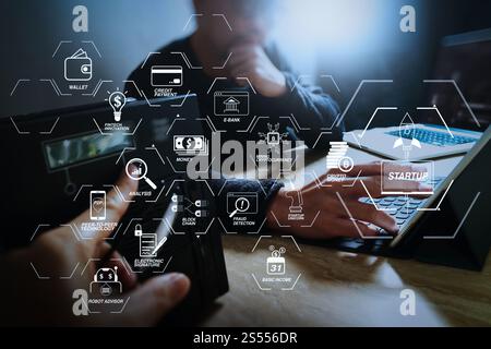 Organigramme de technologie financière et crypto-monnaie de minage de revenu de base avec diagramme virtuel UNICORN crypto-monnaie de démarrage de blockchain. Démarrage Banque D'Images