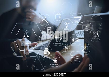 Organigramme de technologie financière et crypto-monnaie de minage de revenu de base avec diagramme virtuel UNICORN crypto-monnaie de démarrage de blockchain. Démarrage Banque D'Images