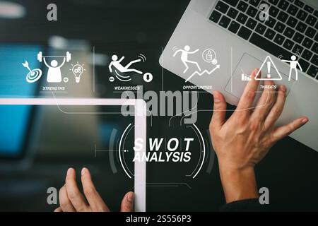 SWOT analyse diagramme virtuel avec les forces, les faiblesses, les menaces et les opportunités de Company.cyber sécurité Internet et réseau Banque D'Images