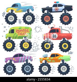 Voitures monstres. Voitures de dessin animé avec de grandes roues. Ensemble de vecteurs isolés. Illustration de la collection de camion monstre de transport. Voitures monstres. Voitures de dessin animé avec de grandes roues. Ensemble de vecteurs isolés Illustration de Vecteur