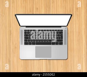 Vue de dessus de l'ordinateur portable ouvert avec écran blanc sur le bureau en bois. Illustration de rendu 3D. Vue de dessus de l'ordinateur portable ouvert avec écran blanc sur le bureau en bois. Rendu 3D. Banque D'Images