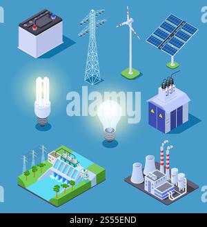 Icônes isométriques d'alimentation électrique. Générateur d'énergie, panneaux solaires et centrale thermique, centrale hydroélectrique. Symboles vectoriels électriques. Illustration panneau solaire isométrique, générateur de puissance et turbine. Icônes isométriques d'alimentation électrique. Générateur d'énergie, panneaux solaires et centrale thermique, centrale hydroélectrique. Symboles vectoriels électriques Illustration de Vecteur
