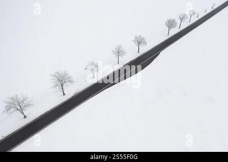 Vue aérienne d'une route de campagne droite dans la neige, près d'Oederan, Saxe, Allemagne, Europe Banque D'Images