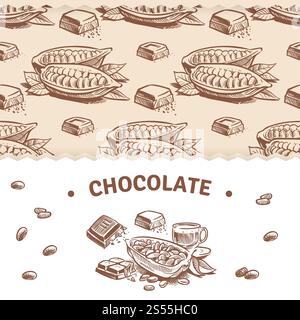 Modèle de bannière de chocolat avec un motif sans couture doux et des fèves de cacao esquissées et des barres de chocolat. Illustration vectorielle. Modèle de bannière de chocolat avec motif sans couture doux Illustration de Vecteur