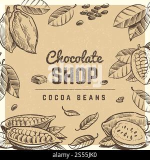 Boutique de chocolat vintage affiche et conception de bannière avec barre de chocolat esquissée et vecteur d'illustration de fèves de cacao. Boutique de chocolat design d'affiche vintage avec barre de chocolat esquissée et fèves de cacao Illustration de Vecteur