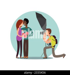 Séance photo histoire d'amour. Personnage de dessin animé couple heureux dans l'illustration vectorielle d'amour isolé sur blanc. Séance photo d'amour. Couple de personnages de dessins animés Illustration de Vecteur