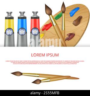 Peintures et palette. Modèle de bannière vectorielle ou d'affiche avec des outils artistiques pour dessiner l'illustration. Peintures et illustration de palette. Modèle de bannière vectorielle avec des outils artistiques Illustration de Vecteur