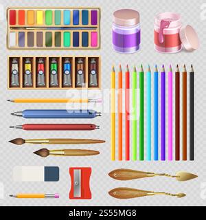 Outils artistiques réalistes isolés sur fond transparent. Instrument de peinture vectorielle, pinceau et crayon pour dessiner l'illustration. Outils artistiques réalistes isolés sur fond transparent Illustration de Vecteur