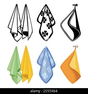 Collection de serviettes colorées et noires. Icônes vectorielles de serviettes textiles pour cuisine, spa, illustration gygiene. Collection de serviettes colorées et noires. Vecteur de serviettes textiles Illustration de Vecteur