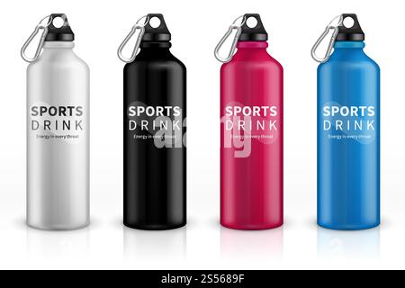 Bouteilles de sport en acier inoxydable. Flacon de boisson réutilisable en métal pour vélo. maquette vectorielle réaliste 3d. Illustration de l'eau de récipient pour vélo de sport et fitness. Bouteilles de sport en acier inoxydable. Flacon de boisson réutilisable en métal pour vélo. maquette vectorielle réaliste 3d. Illustration de Vecteur