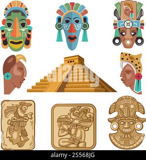 Symboles historiques de la culture maya. Idoles de religion. Masque tribal, mythologie mexicaine, souvenir traditionnel, illustration vectorielle. Symboles historiques de la culture maya. Idoles de religion Illustration de Vecteur