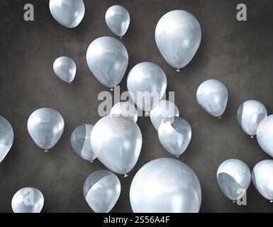 Ballons à air blancs sur un fond de béton foncé. Rendu d'illustration 3D. Ballons à air blancs sur un fond concret Banque D'Images