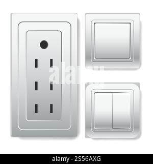 Grande prise avec connecteur euro et interrupteurs carrés en plastique avec une et deux clés. Outils simples pour la gestion de l'électricité illustrations vectorielles plates de dessin animé isolées sur fond blanc.. Grande prise avec connecteur euro et interrupteurs d'éclairage Illustration de Vecteur