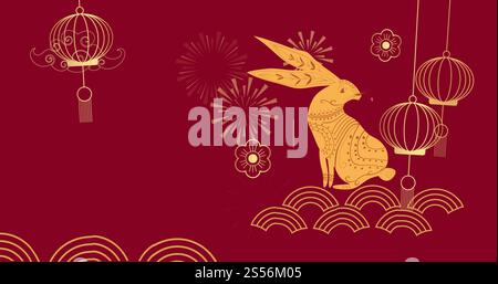 Image de décorations traditionnelles chinoises avec lapin sur fond rouge Banque D'Images