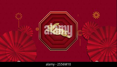 Image de décorations traditionnelles chinoises avec lapin sur fond rouge Banque D'Images