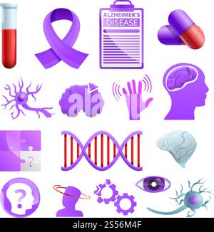 Jeu d'icônes de la maladie d'Alzheimer. Ensemble de dessins animés d'icônes de vecteur de maladie d'alzheimer pour la conception de Web. Ensemble d'icônes de la maladie d'Alzheimer, style de dessin animé Illustration de Vecteur