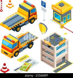 Parking et voitures d'évacuation. Transport isométrique vectoriel. Illustration du bâtiment de stationnement pour automobile. Parking et voitures d'évacuation. Transport isométrique vectoriel Illustration de Vecteur