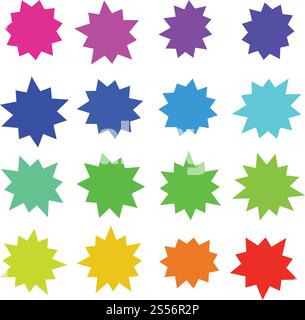 Starburst, explosion des formes comiques de couleur. Des bulles de discours éclatantes de dessins animés. Jeu vectoriel de boutons de vente de boom d'étoile isolé. Illustration de la forme d'étoile d'autocollant, étoile d'éclatement. Starburst, explosion des formes comiques de couleur. Des bulles de discours éclatantes de dessins animés. Jeu vectoriel de boutons de vente de boom d'étoile isolé Illustration de Vecteur