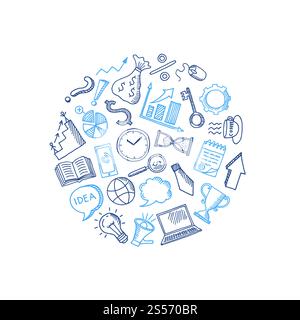 Icônes de doodle d'affaires de vecteur dans l'illustration de forme de cercle isolé sur blanc. Icônes de doodle d'affaires de vecteur dans l'illustration de forme de cercle Illustration de Vecteur