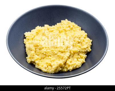 porridge cuit à partir de millet proso dans un bol gris isolé sur arrière-plan blanc Banque D'Images