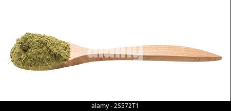 plante de stévia de rebaudiana (succédanée de sucre naturel) dans une cuillère en bois isolée sur fond blanc Banque D'Images