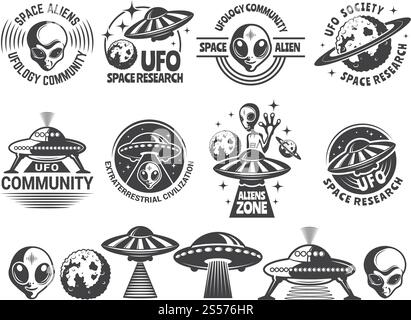 Badges fixés avec UFO et aliens. Modèles de conception vectorielle avec place pour votre texte. Exploration des OVNIS, recherche de civilisation, illustration ufologique de la société. Badges fixés avec UFO et aliens. Modèles de conception vectorielle avec place pour votre texte Illustration de Vecteur