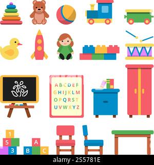 Divers jouets pour les enfants d'âge préscolaire. Jouet et mobilier pour babyt et enfants. Illustration vectorielle. Divers jouets pour les enfants d'âge préscolaire Illustration de Vecteur