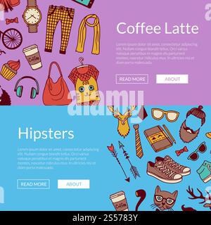 Vecteur hipster doodle icônes bannières Web horizontales ou illustration d'affiche. Vecteur hipster doodle icônes illustration de bannières horizontales Illustration de Vecteur