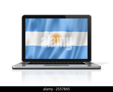 Drapeau argentin sur l'écran d'ordinateur portable isolé sur blanc. Rendu d'illustration 3D. Drapeau argentin sur écran d'ordinateur portable isolé sur blanc. Illustration 3D. Banque D'Images